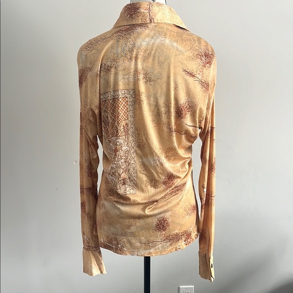 Vintage 70s Golden Pastoral Satin Shirt — Baroque Dog Print - Picture 2 of 7